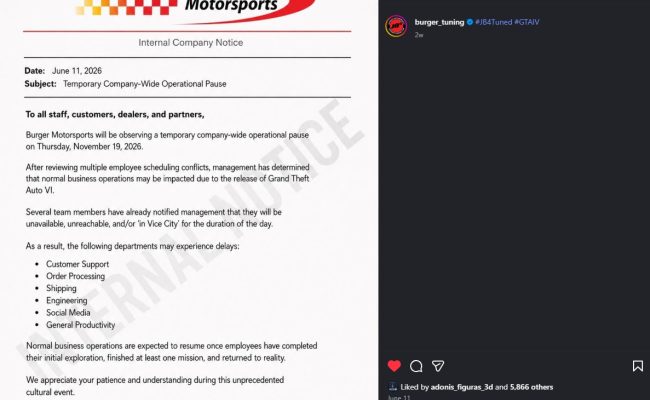 Aviso interno de Burger Motorsports sobre pausa operativa