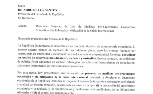 Carta oficial al Senado sobre proyecto económico