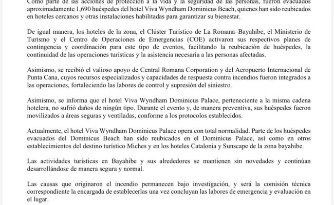 Comunicado oficial del COE sobre incendio en Bayahibe
