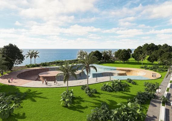 Parque costero moderno con vista al mar