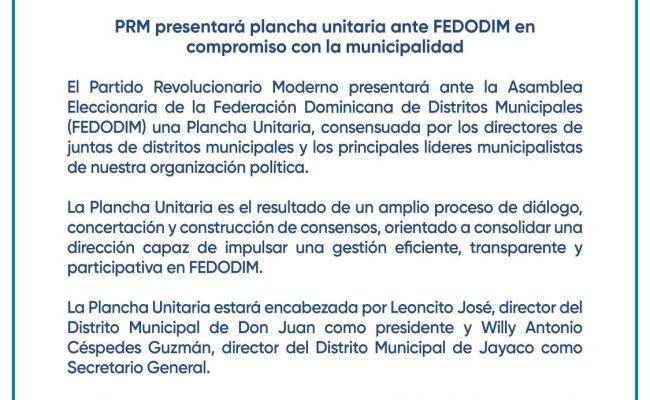 Comunicado del PRM sobre plancha ante FEDODIM