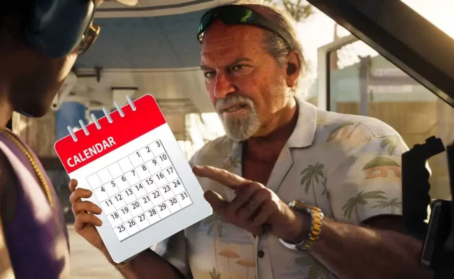 Hombre mostrando calendario mientras habla junto a carro