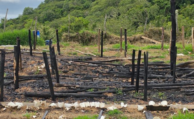 Restos quemados de estructura rural en zona montañosa